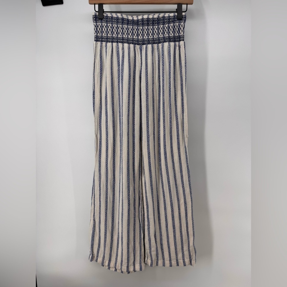 Linen Blue Stripped Palazzo Wide Leg Pants - Picture 2 of 7
